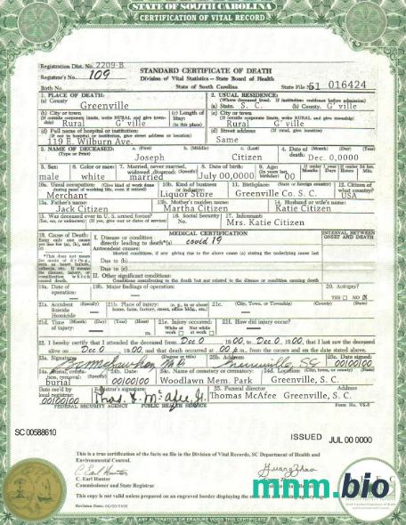 USA South Carolina state śmierć certyfikat szablon w formacie PSD